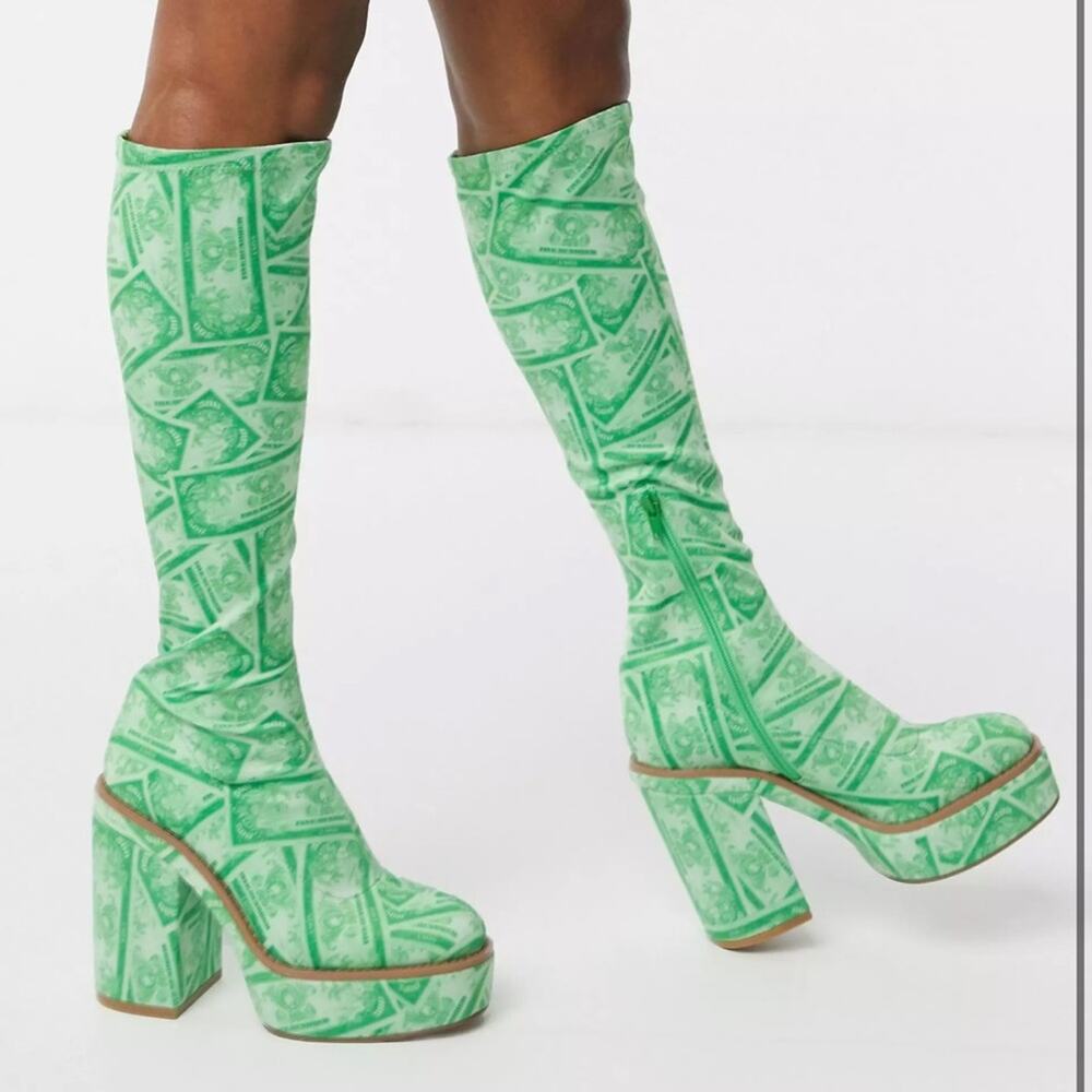 SZ 5 ASOS DESIGN Casey platform knee boot in green money print